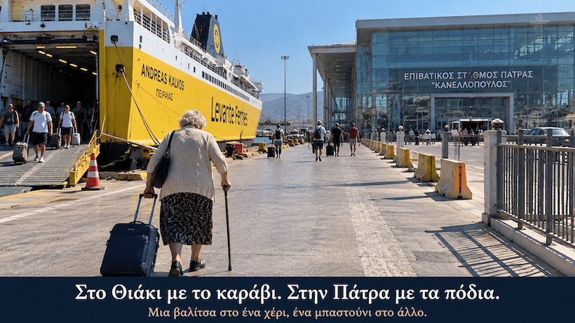 με μια βαλίτσα στο ένα χέρι και το μπαστούνι στο άλλο με μια βαλίτσα στο ένα χέρι και το μπαστούνι στο άλλο